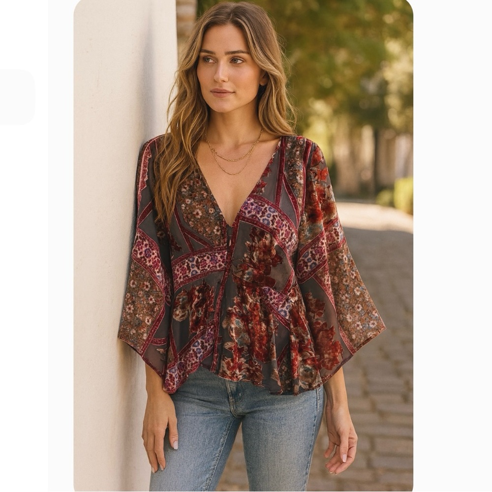 Venus Boho Floral Burnout Velvet Sheer Kimono Top Bell Sleeve Sz 8 Fall Festival
